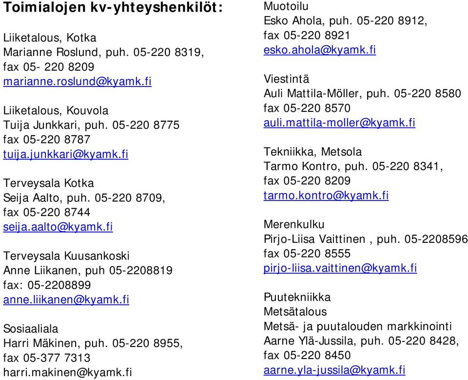 fi Terveysala Kuusankoski Anne Liikanen, puh 05-2208819 fax: 05-2208899 anne.liikanen@kyamk.fi Sosiaaliala Harri Mäkinen, puh. 05-220 8955, fax 05-377 7313 harri.makinen@kyamk.