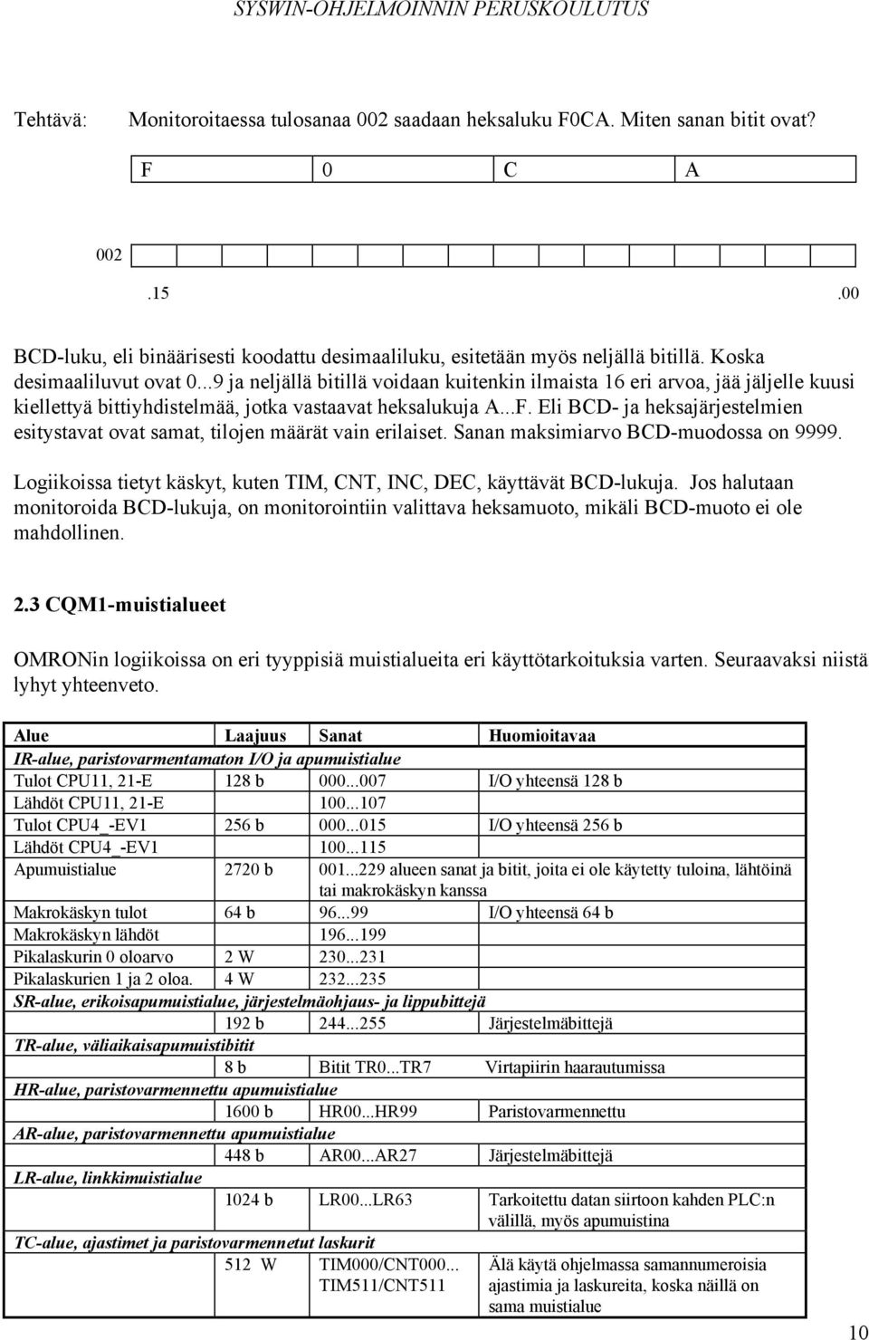 Eli BCD- ja heksajärjestelmien esitystavat ovat samat, tilojen määrät vain erilaiset. Sanan maksimiarvo BCD-muodossa on 9999. Logiikoissa tietyt käskyt, kuten TIM, CNT, INC, DEC, käyttävät BCD-lukuja.