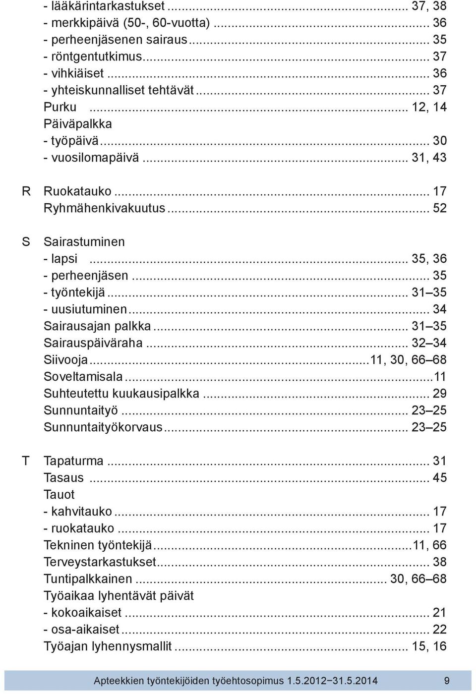 .. 34 Sairausajan palkka... 31 35 Sairauspäiväraha... 32 34 Siivooja...11, 30, 66 68 Soveltamisala...11 Suhteutettu kuukausipalkka... 29 Sunnuntaityö... 23 25 Sunnuntaityökorvaus... 23 25 T Tapaturma.