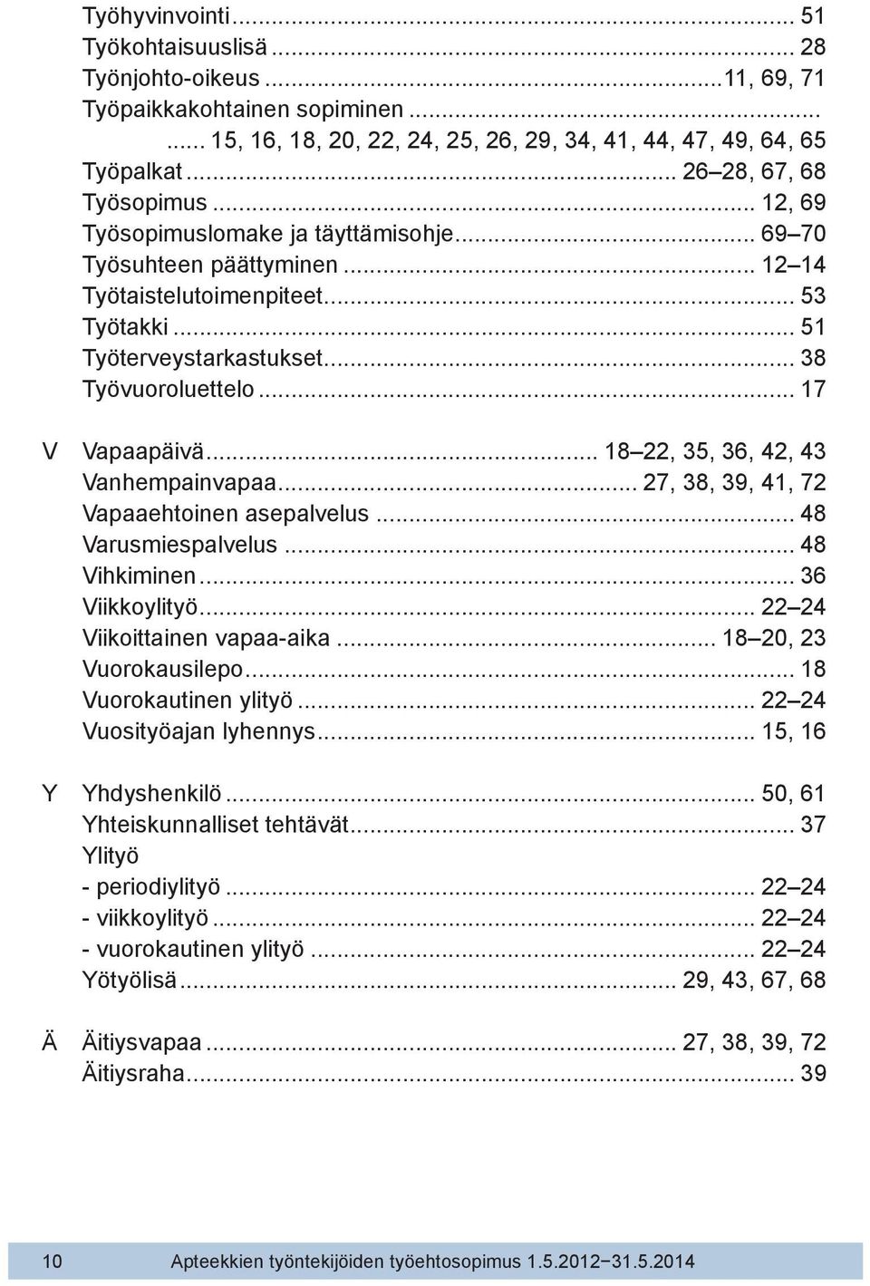 .. 38 Työvuoroluettelo... 17 V Vapaapäivä... 18 22, 35, 36, 42, 43 Vanhempainvapaa... 27, 38, 39, 41, 72 Vapaaehtoinen asepalvelus... 48 Varusmiespalvelus... 48 Vihkiminen... 36 Viikkoylityö.