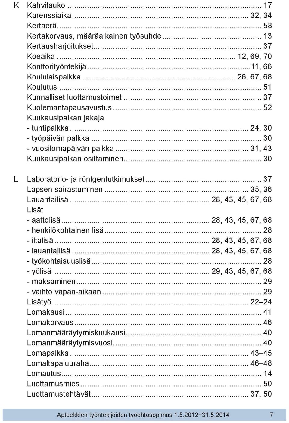 .. 31, 43 Kuukausipalkan osittaminen... 30 L Laboratorio- ja röntgentutkimukset... 37 Lapsen sairastuminen... 35, 36 Lauantailisä... 28, 43, 45, 67, 68 Lisät - aattolisä.