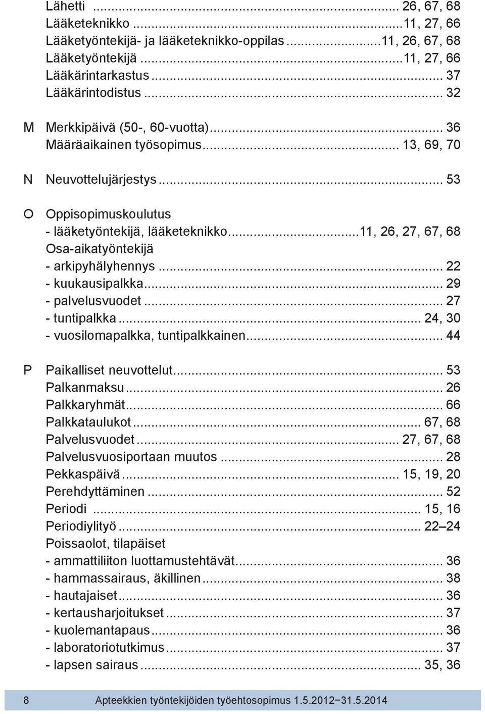 ..11, 26, 27, 67, 68 Osa-aikatyöntekijä - arkipyhälyhennys... 22 - kuukausipalkka... 29 - palvelusvuodet... 27 - tuntipalkka... 24, 30 - vuosilomapalkka, tuntipalkkainen... 44 P Paikalliset neuvottelut.