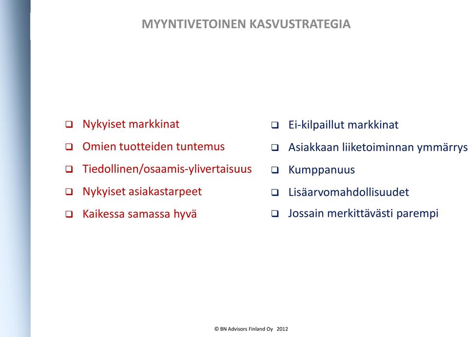 ymmärrys Tiedollinen/osaamis-ylivertaisuus Kumppanuus Nykyiset
