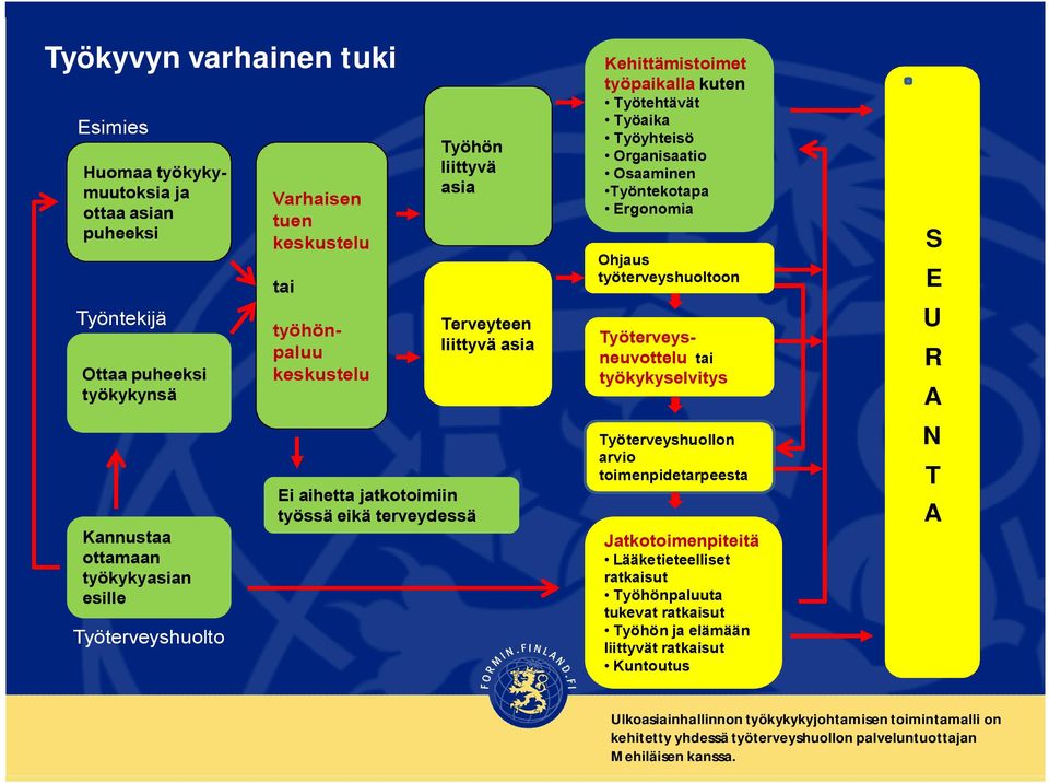 Osaaminen Työntekotapa Ergonomia Ohjaus työterveyshuoltoon Työterveysneuvottelu tai työkykyselvitys Työterveyshuollon arvio toimenpidetarpeesta Jatkotoimenpiteitä Lääketieteelliset ratkaisut