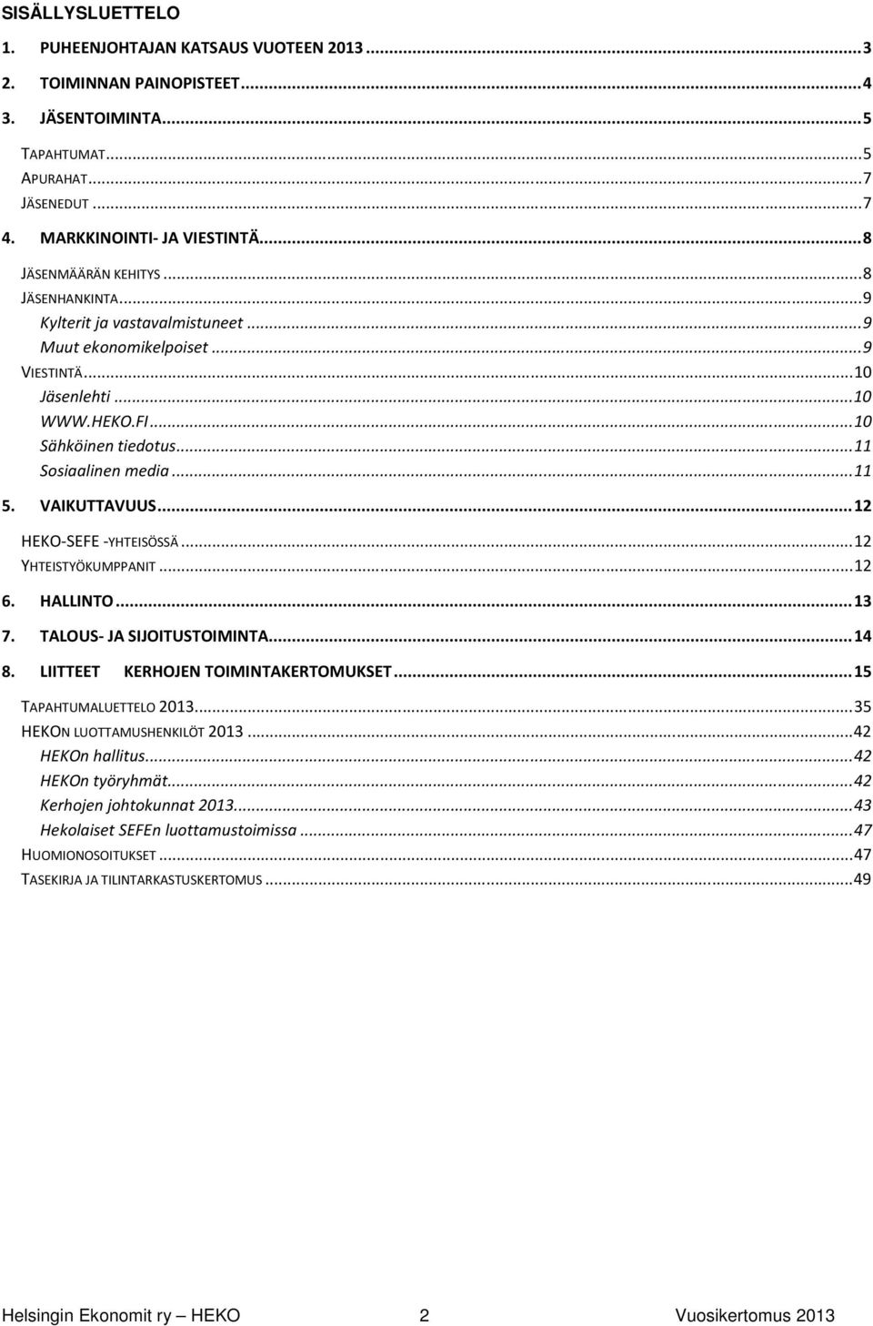 .. 11 Sosiaalinen media... 11 5. VAIKUTTAVUUS... 12 HEKO-SEFE -YHTEISÖSSÄ... 12 YHTEISTYÖKUMPPANIT... 12 6. HALLINTO... 13 7. TALOUS- JA SIJOITUSTOIMINTA... 14 8.