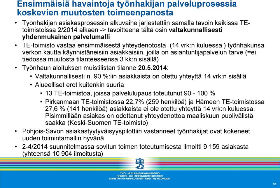 joilla on asiantuntijapalvelun tarve (=ei tiedossa muutosta tilanteeseensa 3 kk:n sisällä) Työnhaun aloituksen muistilistan tilanne 20.5.2014: Valtakunnallisesti n.