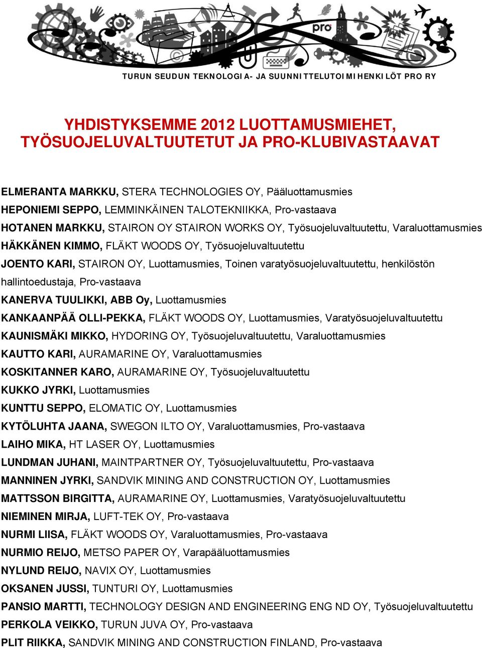 JOENTO KARI, STAIRON OY, Luottamusmies, Toinen varatyösuojeluvaltuutettu, henkilöstön hallintoedustaja, Pro-vastaava KANERVA TUULIKKI, ABB Oy, Luottamusmies KANKAANPÄÄ OLLI-PEKKA, FLÄKT WOODS OY,