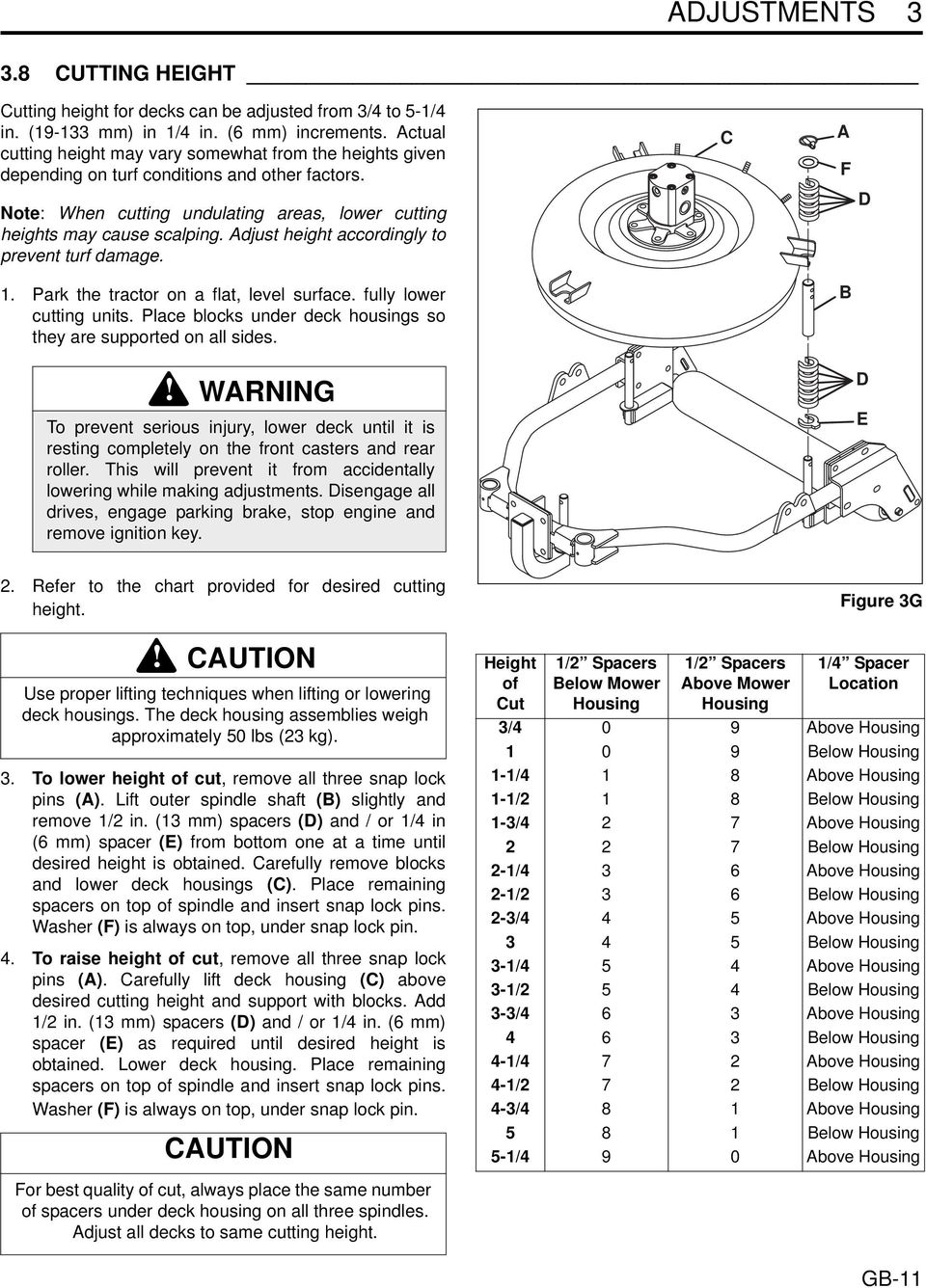 Adjust height accordingly to prevent turf damage. 1. Park the tractor on a flat, level surface. fully lower cutting units. Place blocks under deck housings so they are supported on all sides.