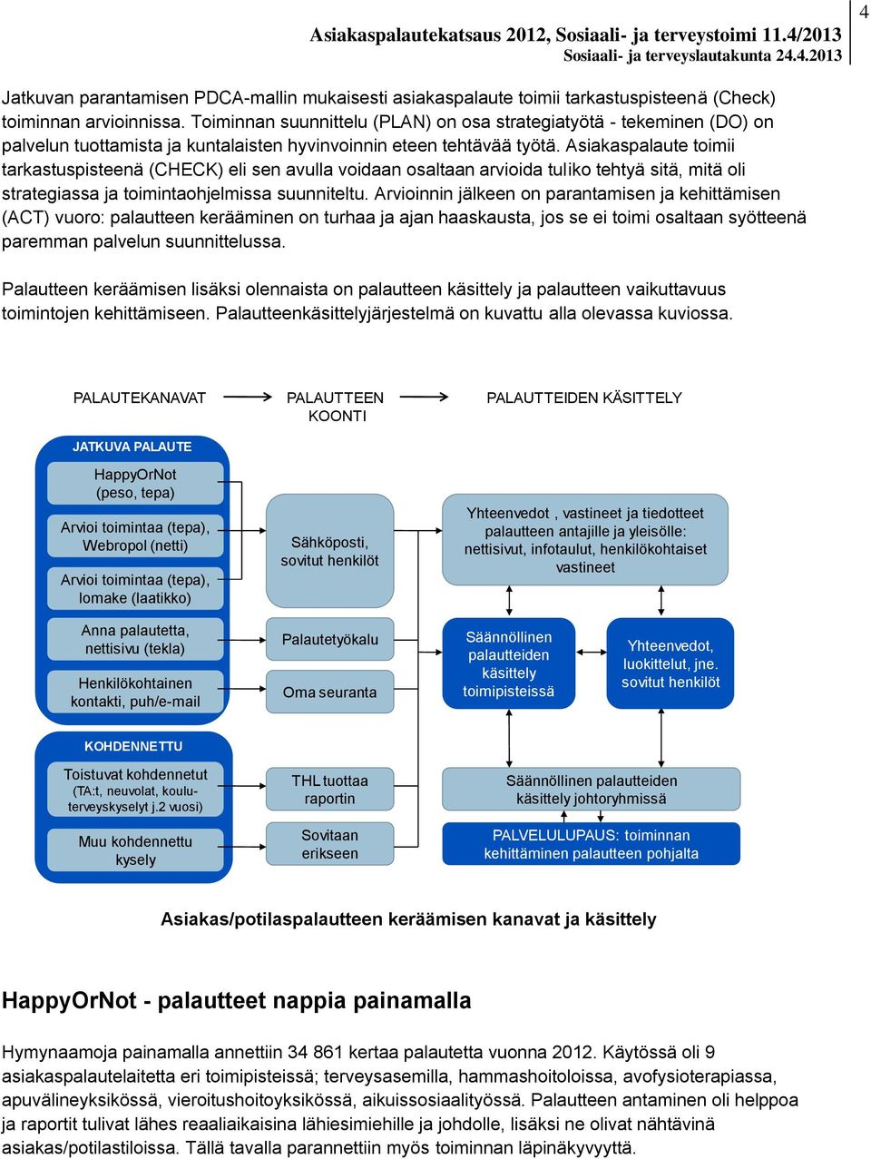 Asiakaspalaute toimii tarkastuspisteenä (CHECK) eli sen avulla voidaan osaltaan arvioida tuliko tehtyä sitä, mitä oli strategiassa ja toimintaohjelmissa suunniteltu.