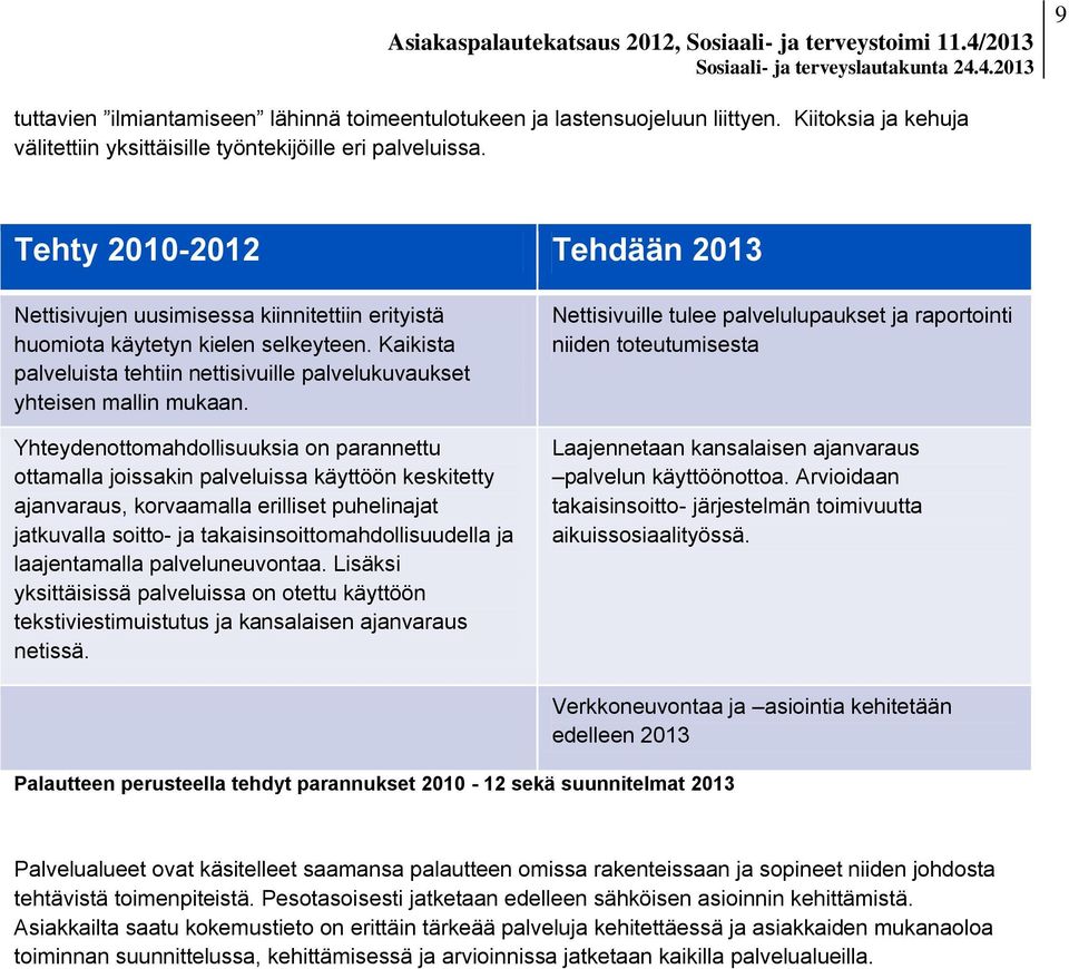 Yhteydenottomahdollisuuksia on parannettu ottamalla joissakin palveluissa käyttöön keskitetty ajanvaraus, korvaamalla erilliset puhelinajat jatkuvalla soitto- ja takaisinsoittomahdollisuudella ja