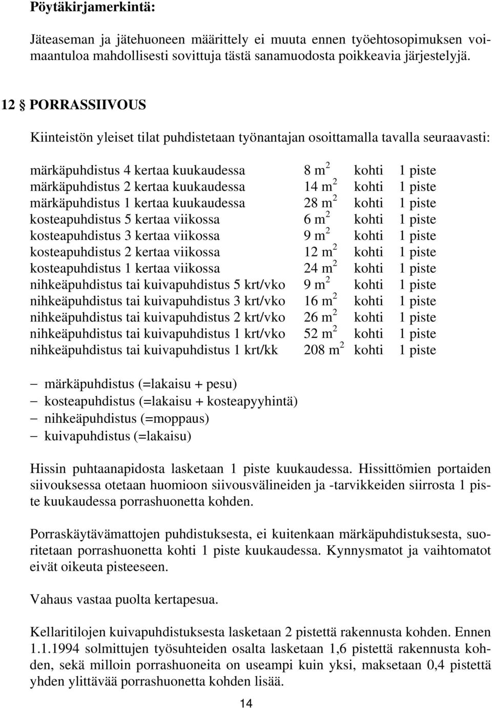 2 kohti 1 piste märkäpuhdistus 1 kertaa kuukaudessa 28 m 2 kohti 1 piste kosteapuhdistus 5 kertaa viikossa 6 m 2 kohti 1 piste kosteapuhdistus 3 kertaa viikossa 9 m 2 kohti 1 piste kosteapuhdistus 2