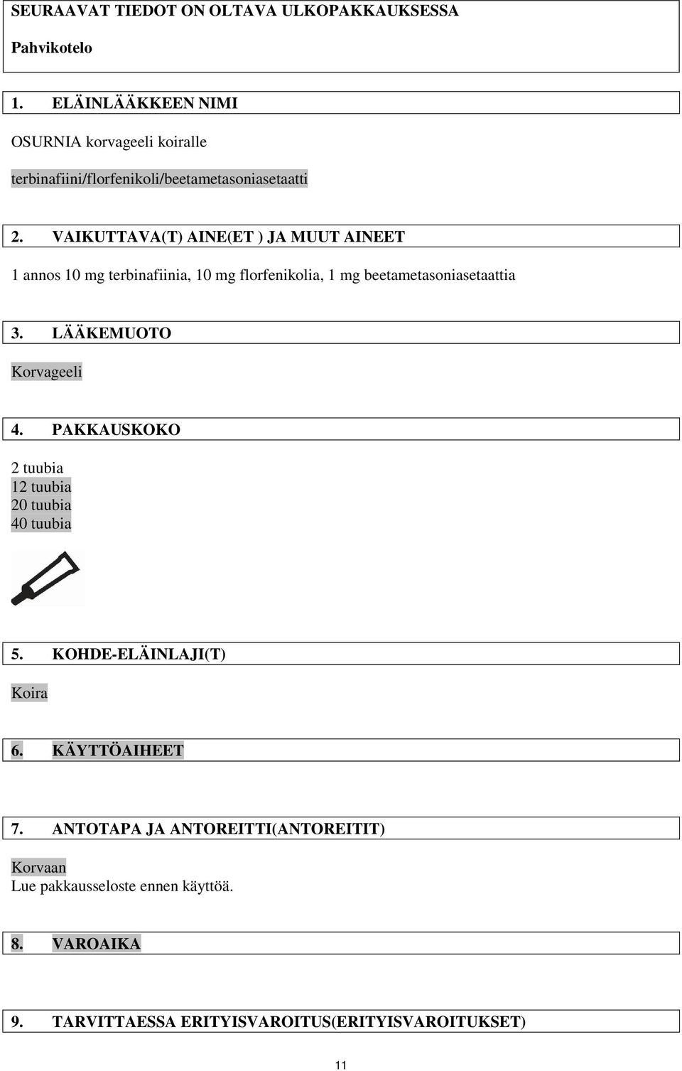 VAIKUTTAVA(T) AINE(ET ) JA MUUT AINEET 1 annos 10 mg terbinafiinia, 10 mg florfenikolia, 1 mg beetametasoniasetaattia 3.