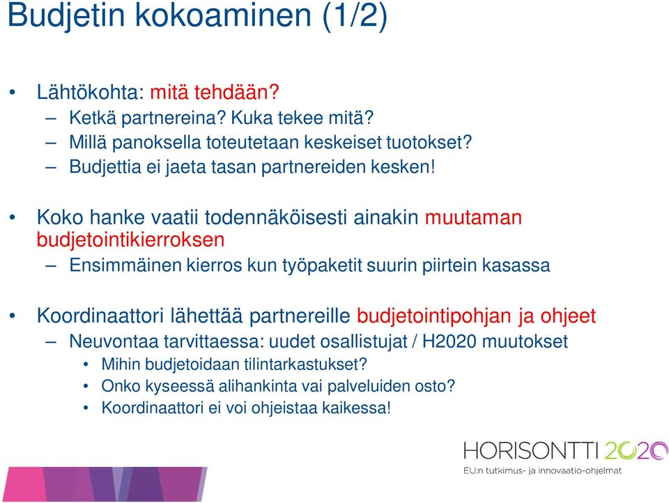Koko hanke vaatii todennäköisesti ainakin muutaman budjetointikierroksen Ensimmäinen kierros kun työpaketit suurin piirtein kasassa