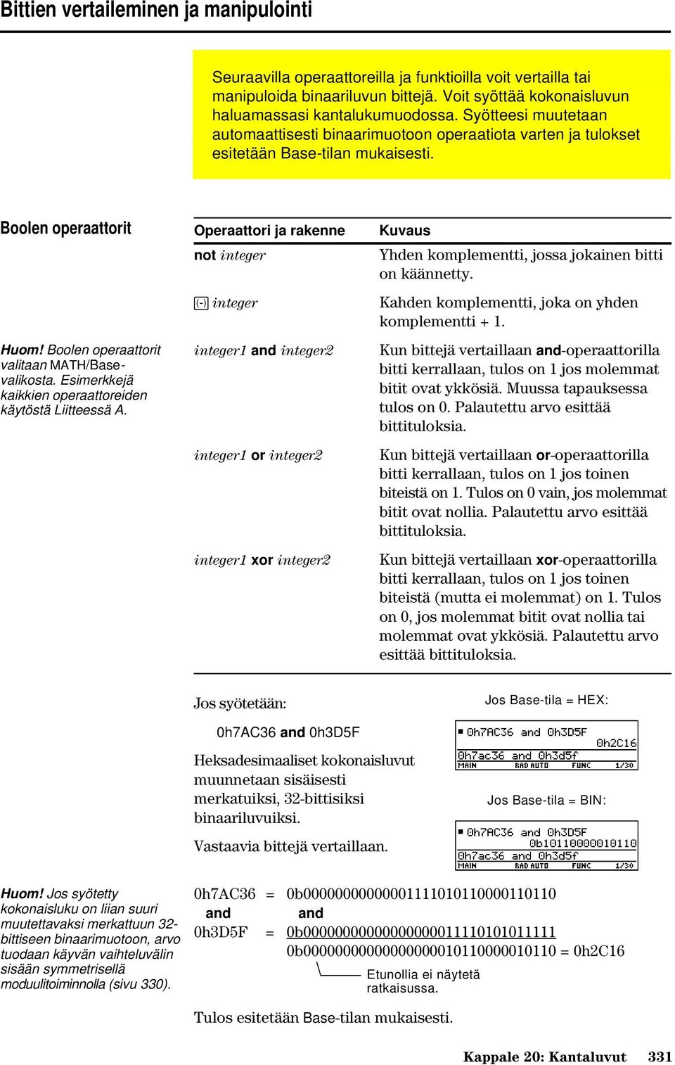 Esimerkkejä kaikkien operaattoreiden käytöstä Liitteessä A. Operaattori ja rakenne not integer Kuvaus Yhden komplementti, jossa jokainen bitti on käännetty.