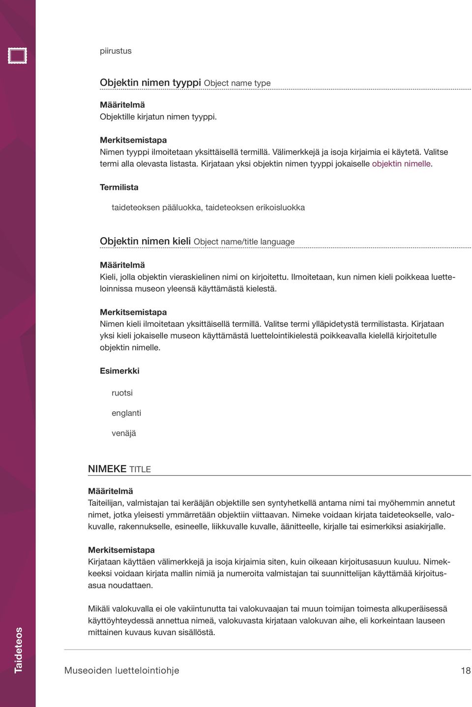 Termilista taideteoksen pääluokka, taideteoksen erikoisluokka Objektin nimen kieli Object name/title language Kieli, jolla objektin vieraskielinen nimi on kirjoitettu.