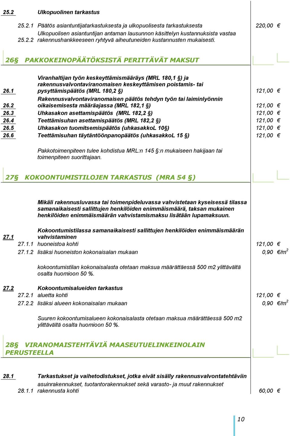 1 Viranhaltijan työn keskeyttämismääräys (MRL 180,1 ) ja rakennusvalvontaviranomaisen keskeyttämisen poistamis- tai pysyttämispäätös (MRL 180,2 ) 121,00 26.