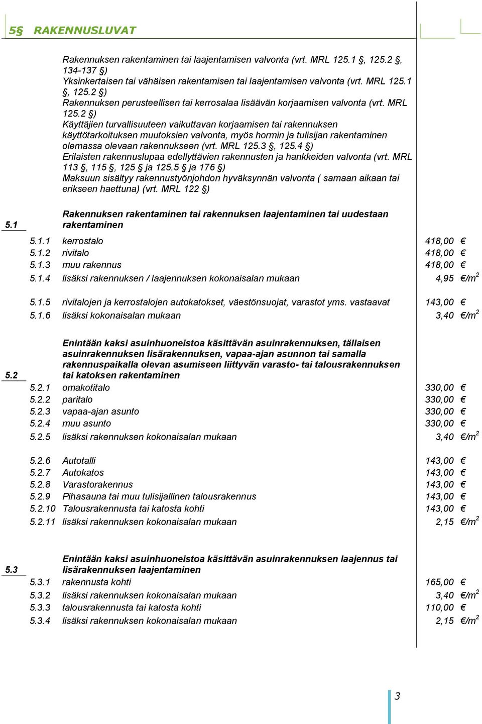 MRL 125.3, 125.4 ) Erilaisten rakennuslupaa edellyttävien rakennusten ja hankkeiden valvonta (vrt. MRL 113, 115, 125 ja 125.