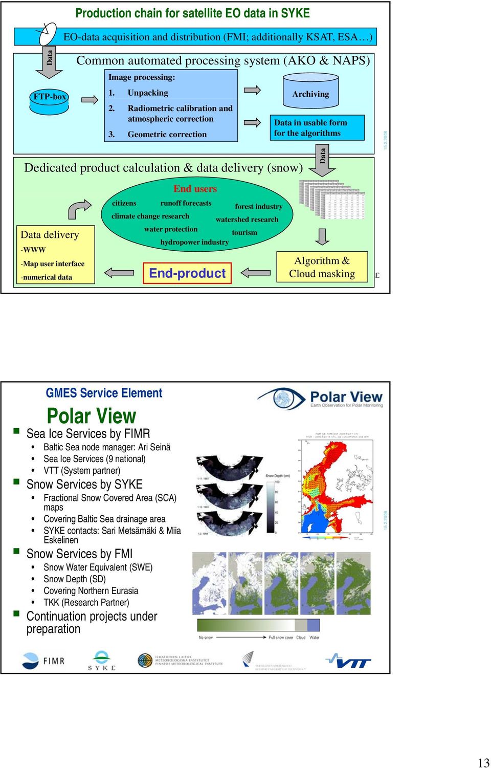 Geometric correction Dedicated product calculation & data delivery (snow) Data delivery -WWW -Map user interface -numerical data End users citizens runoff forecasts forest industry climate change