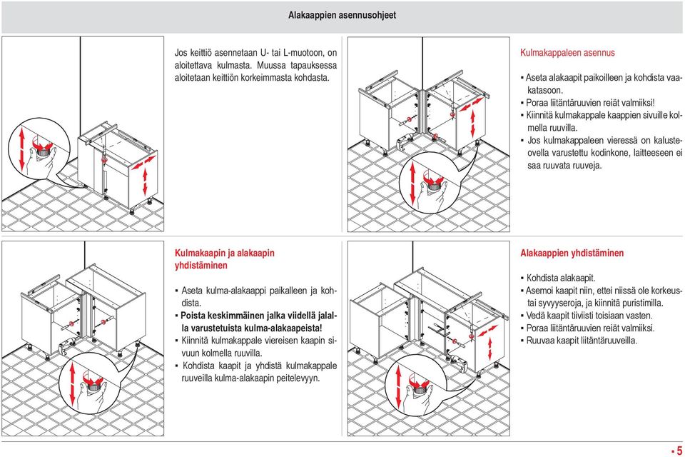 Jos kulmakappaleen vieressä on kalusteovella varustettu kodinkone, laitteeseen ei saa ruuvata ruuveja. Kulmakaapin ja alakaapin yhdistäminen Aseta kulma-alakaappi paikalleen ja kohdista.