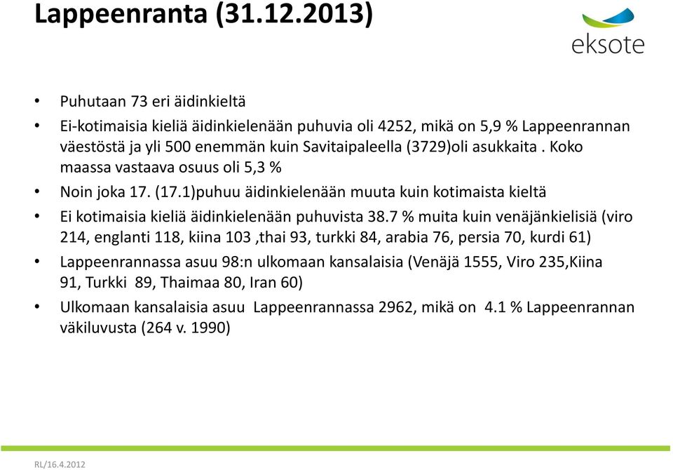 asukkaita. Koko maassa vastaava osuus oli 5,3 % Noin joka 17. (17.1)puhuu äidinkielenään muuta kuin kotimaista kieltä Ei kotimaisia kieliä äidinkielenään puhuvista 38.