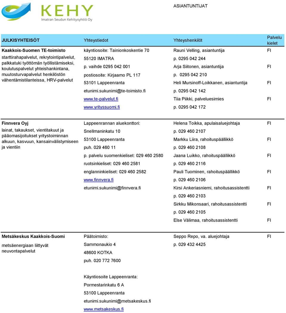 vaihde 0295 042 001 Arja Siitonen, asiantuntija postiosoite: Kirjaamo PL 117 p. 0295 042 210 53101 Lappeenranta Heli Mursinoff-Loikkanen, asiantuntija etunimi.sukunimi@te-toimisto.fi p.