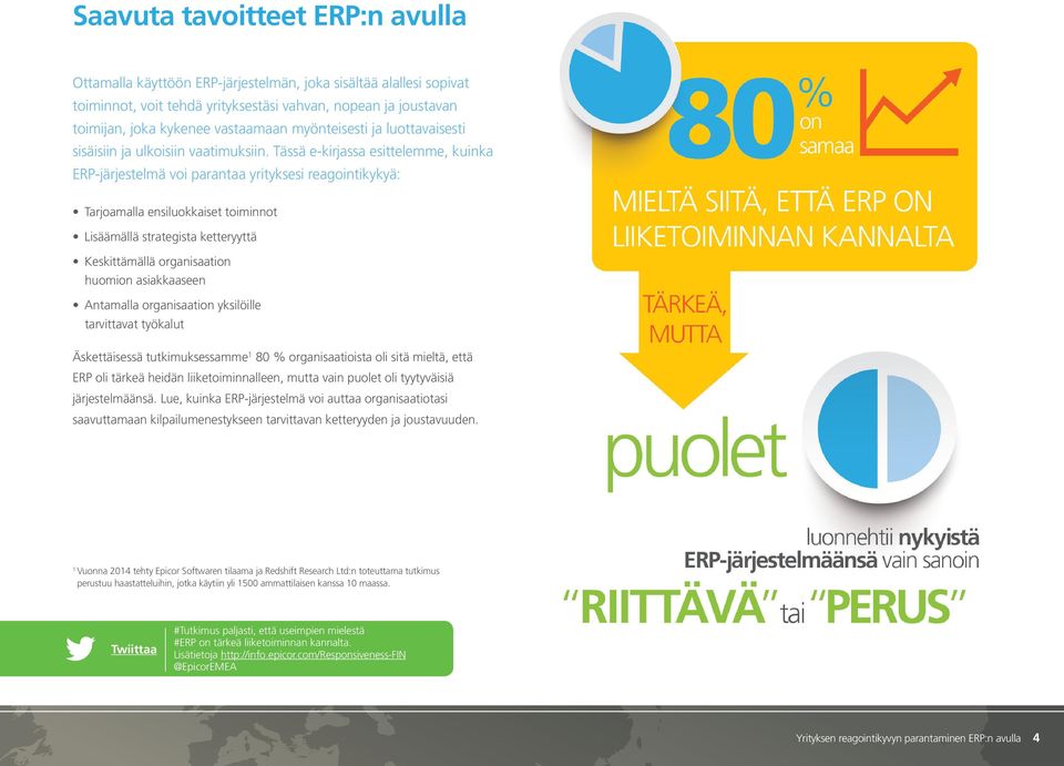 Tässä e-kirjassa esittelemme, kuinka ERP-järjestelmä voi parantaa yrityksesi reagointikykyä: Tarjoamalla ensiluokkaiset toiminnot Lisäämällä strategista ketteryyttä Keskittämällä organisaation