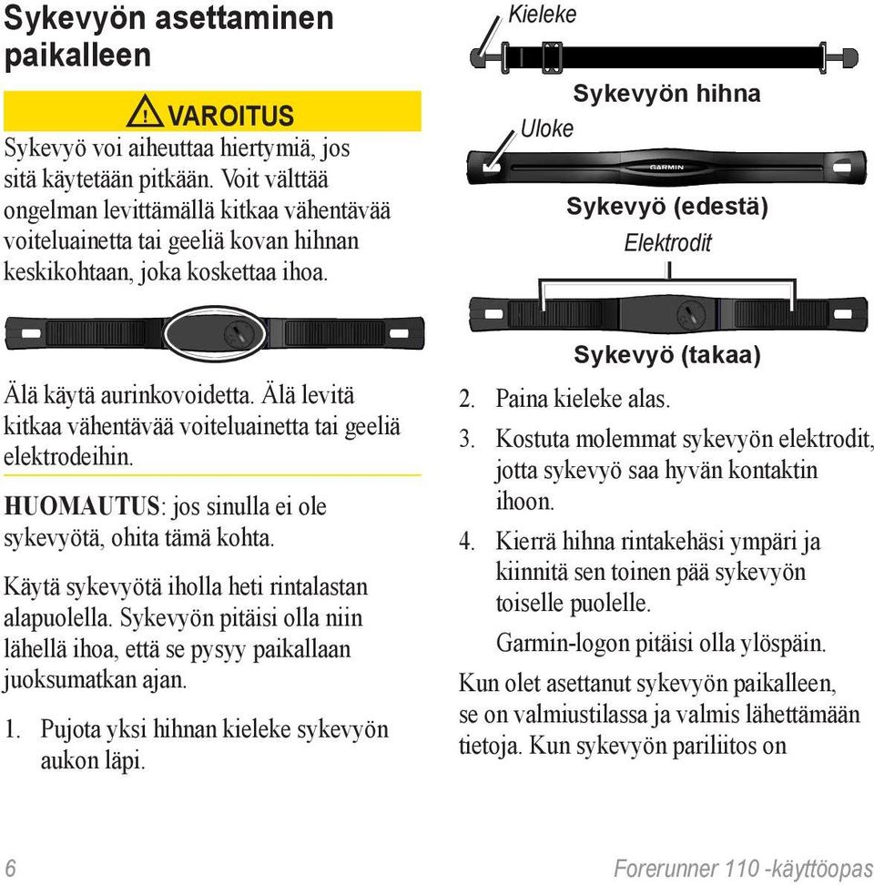 Kieleke Sykevyön hihna Uloke Sykevyö (edestä) Elektrodit Älä käytä aurinkovoidetta. Älä levitä kitkaa vähentävää voiteluainetta tai geeliä elektrodeihin.