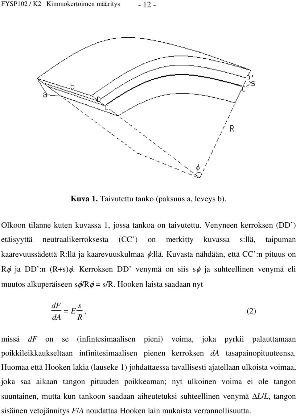 Kuvasta nähdään, että CC :n pituus on R ja DD :n (R+s). Kerroksen DD venymä on siis s ja suhteellinen venymä eli muutos alkuperäiseen s /R = s/r.