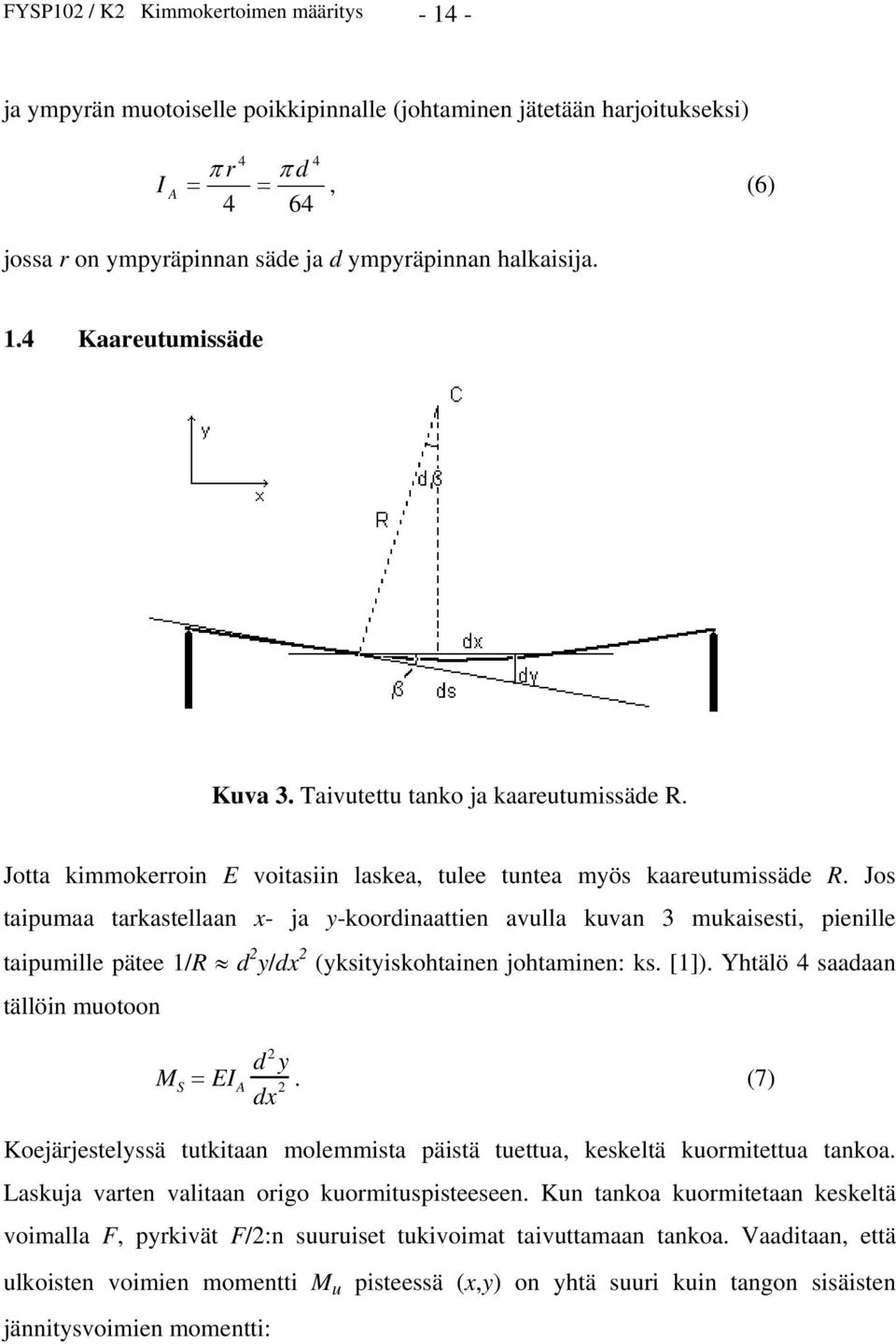 Jos taipumaa tarkastellaan x- ja y-koordinaattien avulla kuvan 3 mukaisesti, pienille taipumille pätee 1/R d 2 y/dx 2 (yksityiskohtainen johtaminen: ks. [1]).