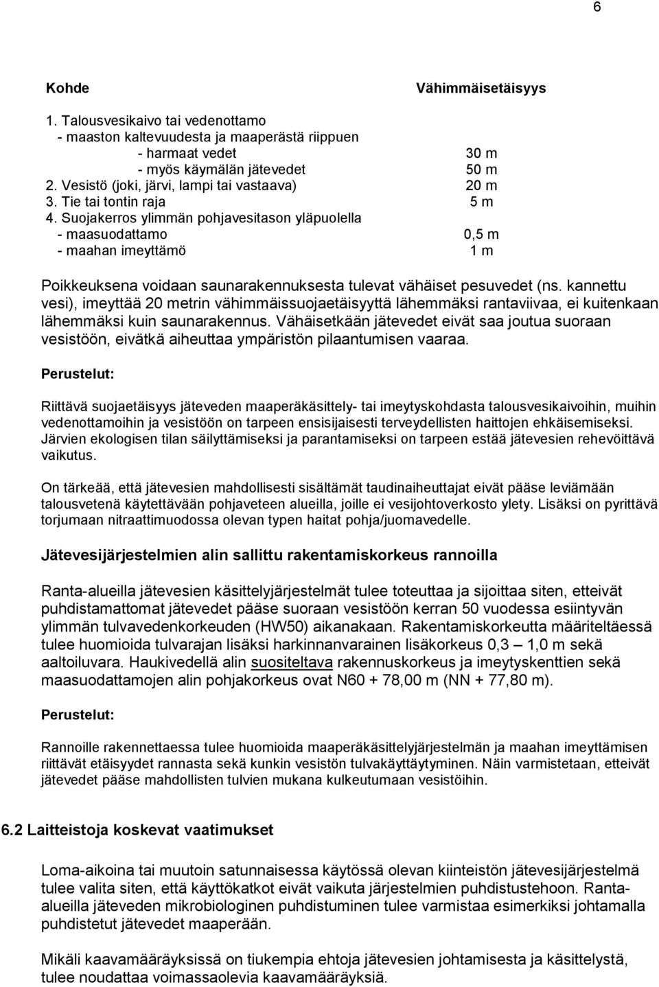 Suojakerros ylimmän pohjavesitason yläpuolella - maasuodattamo 0,5 m - maahan imeyttämö 1 m Poikkeuksena voidaan saunarakennuksesta tulevat vähäiset pesuvedet (ns.