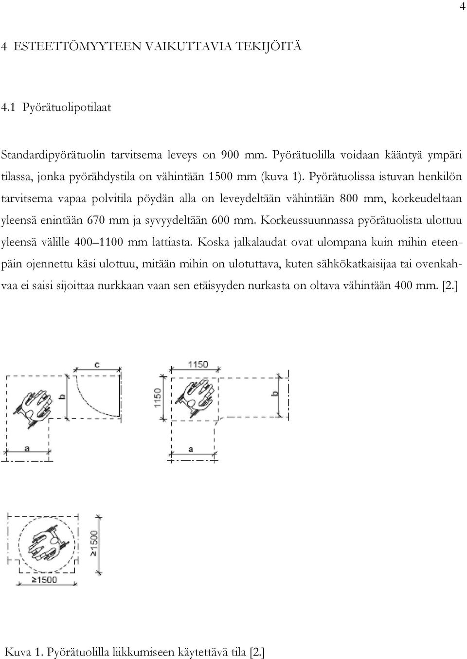 Pyörätuolissa istuvan henkilön tarvitsema vapaa polvitila pöydän alla on leveydeltään vähintään 800 mm, korkeudeltaan yleensä enintään 670 mm ja syvyydeltään 600 mm.