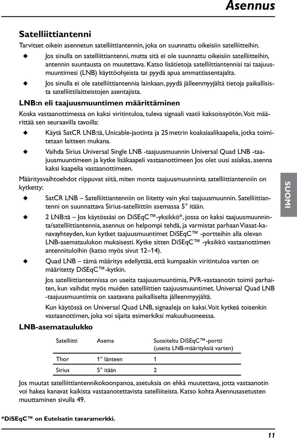 Katso lisätietoja satelliittiantennisi tai taajuusmuuntimesi (LNB) käyttöohjeista tai pyydä apua ammattiasentajalta.