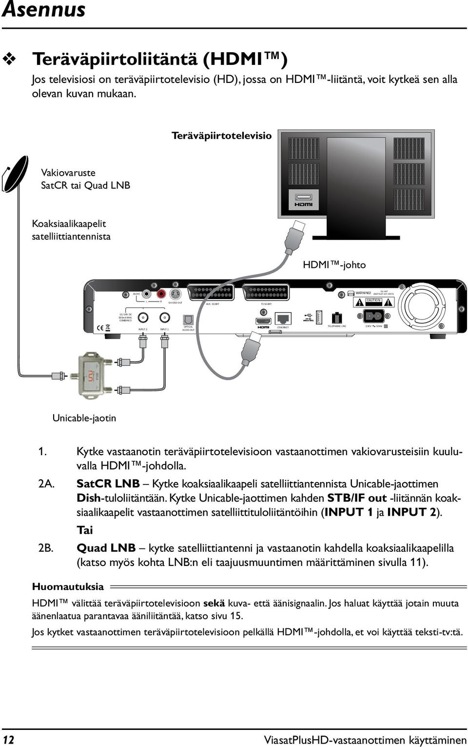 COMBINED INPUT 2 INPUT 1 OPTICAL AUDIO OUT ETHERNET TELEPHONE LINE 230V 50Hz Unicable-jaotin 1. Kytke vastaanotin teräväpiirtotelevisioon vastaanottimen vakiovarusteisiin kuuluvalla HDMI -johdolla.