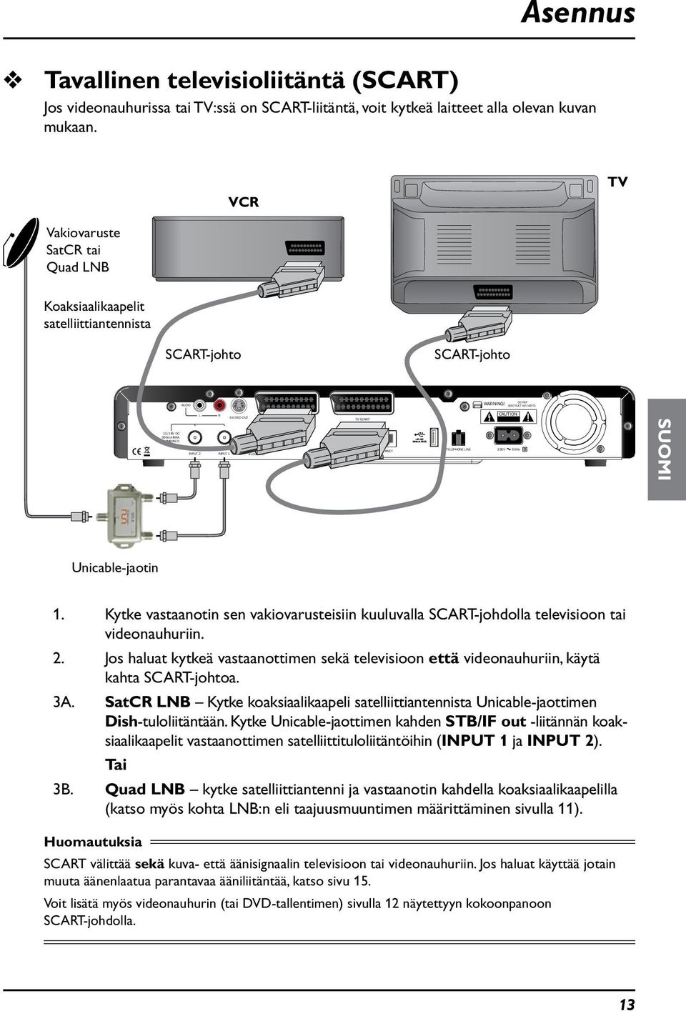 COMBINED INPUT 2 INPUT 1 OPTICAL AUDIO OUT ETHERNET TELEPHONE LINE 230V 50Hz SUOMI Unicable-jaotin 1. Kytke vastaanotin sen vakiovarusteisiin kuuluvalla SCART-johdolla televisioon tai videonauhuriin.