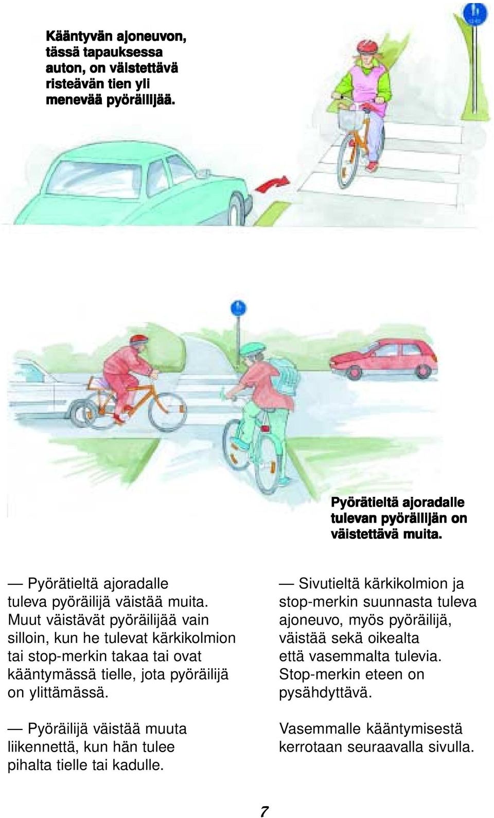 Muut väistävät pyöräilijää vain silloin, kun he tulevat kärkikolmion tai stop-merkin takaa tai ovat kääntymässä tielle, jota pyöräilijä on ylittämässä.