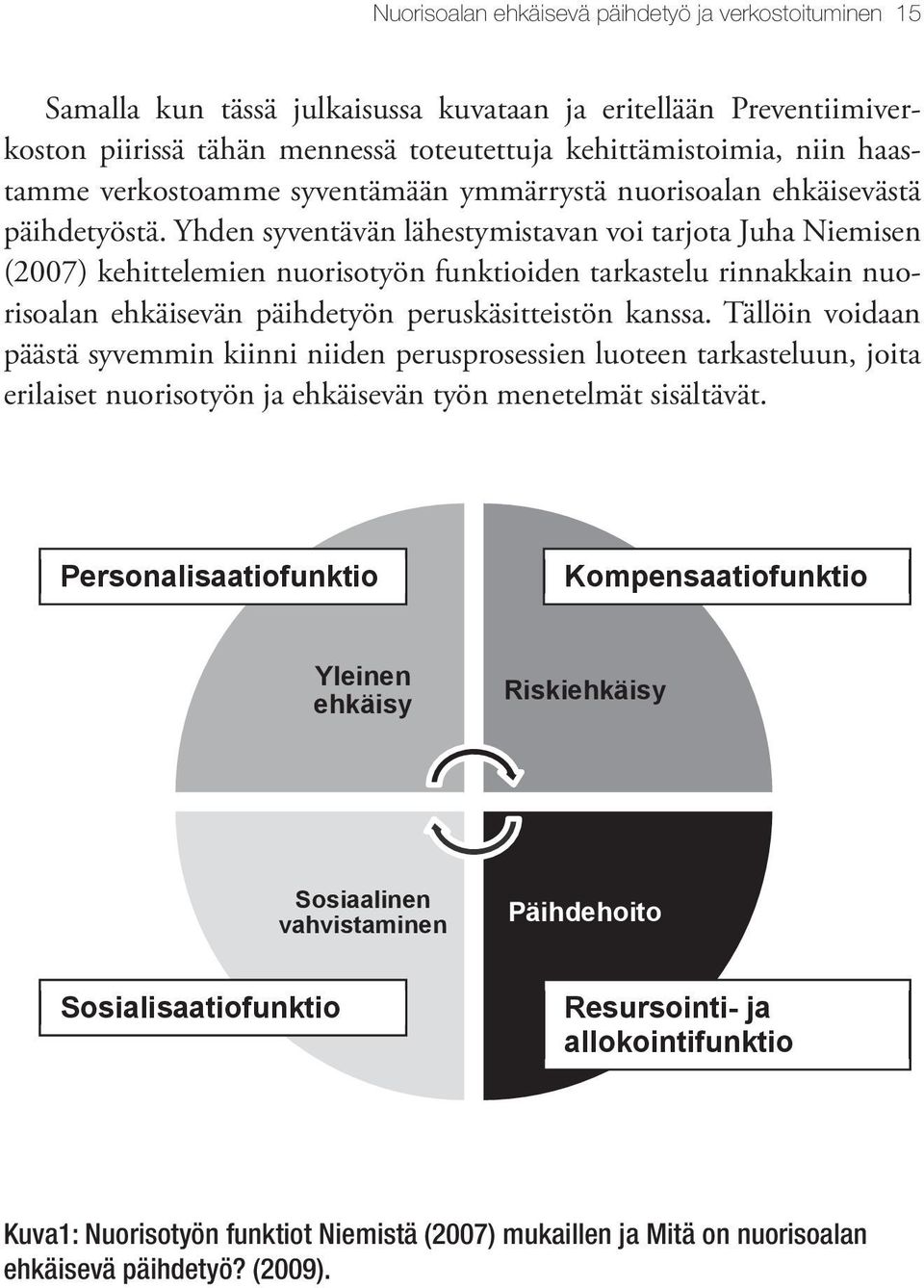 Yhden syventävän lähestymistavan voi tarjota Juha Niemisen (2007) kehittelemien nuorisotyön funktioiden tarkastelu rinnakkain nuorisoalan ehkäisevän päihdetyön peruskäsitteistön kanssa.