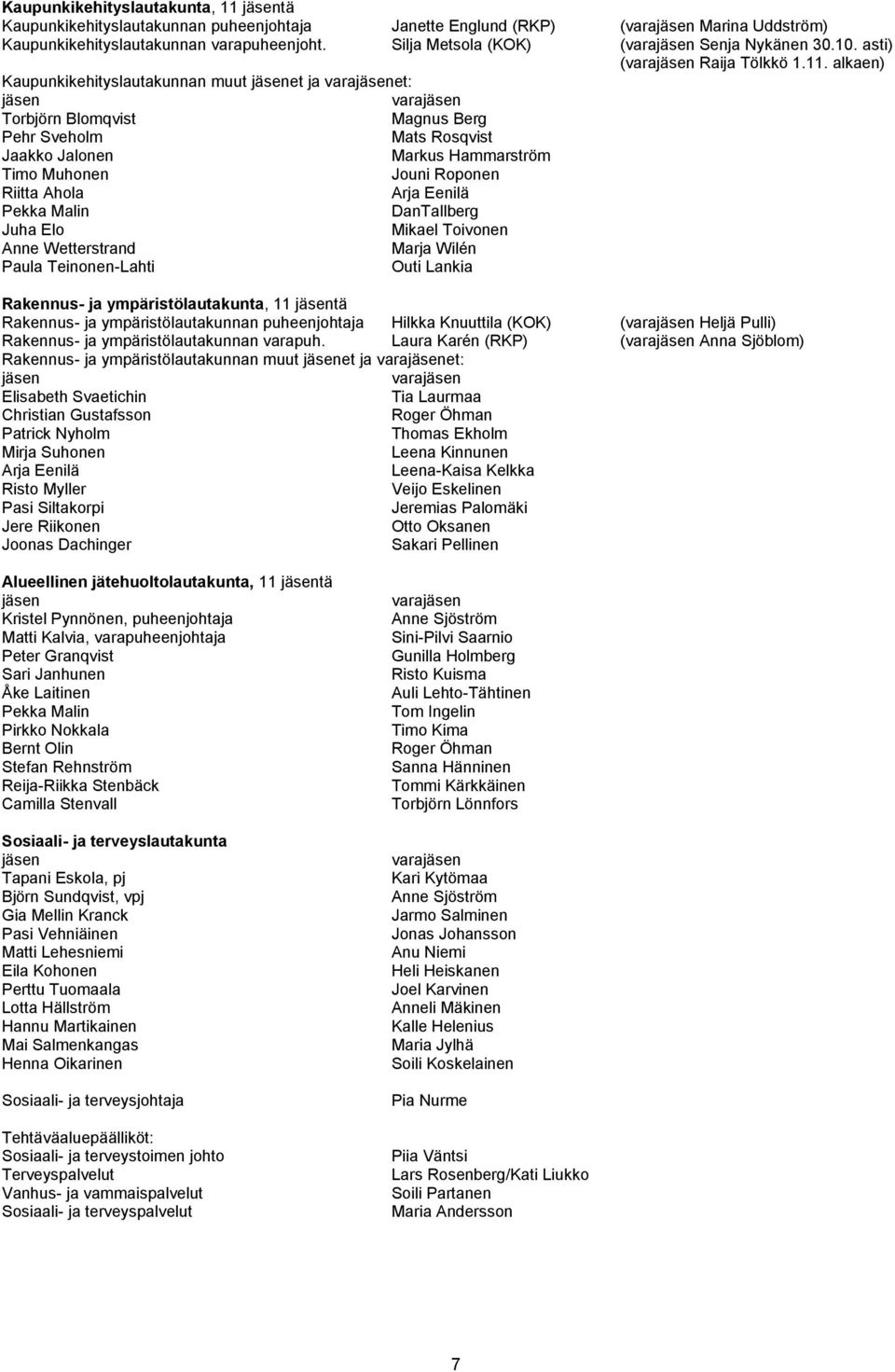 alkaen) Kaupunkikehityslautakunnan muut jäsenet ja varajäsenet: jäsen varajäsen Torbjörn Blomqvist Magnus Berg Pehr Sveholm Mats Rosqvist Jaakko Jalonen Markus Hammarström Timo Muhonen Jouni Roponen