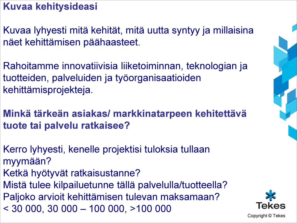 Minkä tärkeän asiakas/ markkinatarpeen kehitettävä tuote tai palvelu ratkaisee?