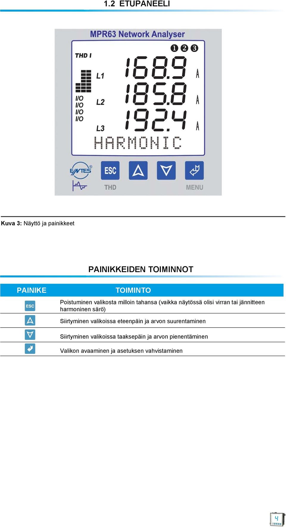 harmoninen särö) Siirtyminen valikoissa eteenpäin ja arvon suurentaminen Siirtyminen