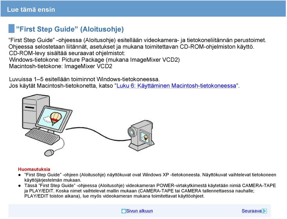 CD-ROM-levy sisältää seuraavat ohjelmistot: Windows-tietokone: Picture Package (mukana ImageMixer VCD2) Macintosh-tietokone: ImageMixer VCD2 Luvuissa 1 5 esitellään toiminnot Windows-tietokoneessa.