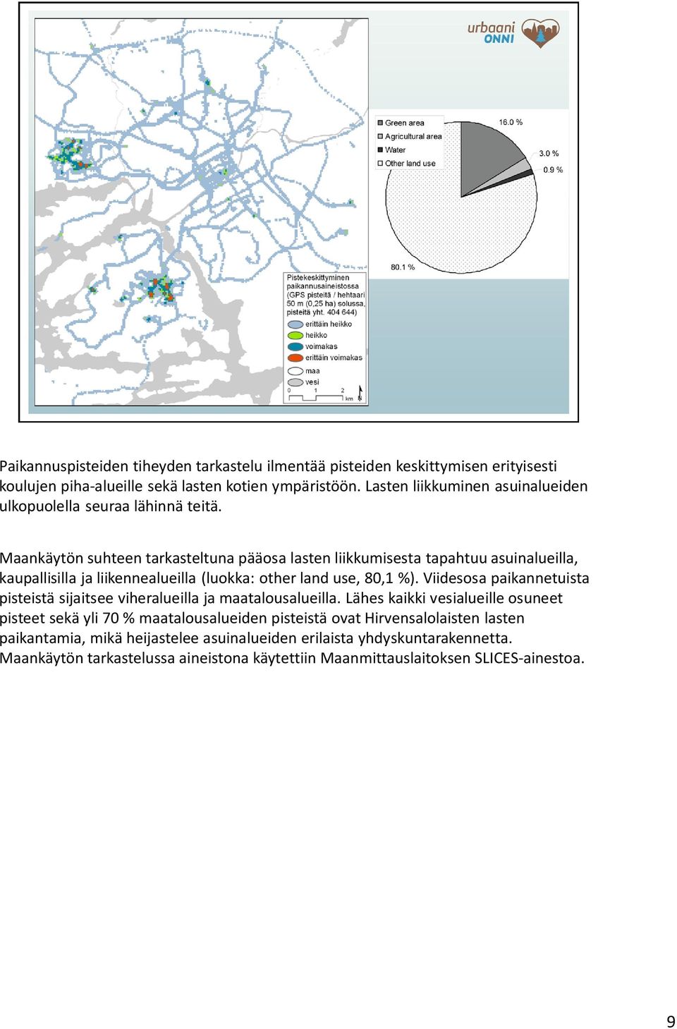 Maankäytön suhteen tarkasteltuna pääosa lasten liikkumisesta tapahtuu asuinalueilla, kaupallisilla ja liikennealueilla (luokka: other land use, 80,1 %).