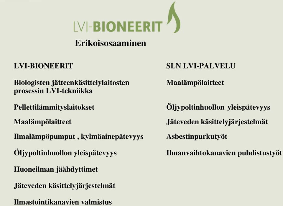 SLN LVI-PALVELU Maalämpölaitteet Öljypoltinhuollon yleispätevyys Jäteveden käsittelyjärjestelmät