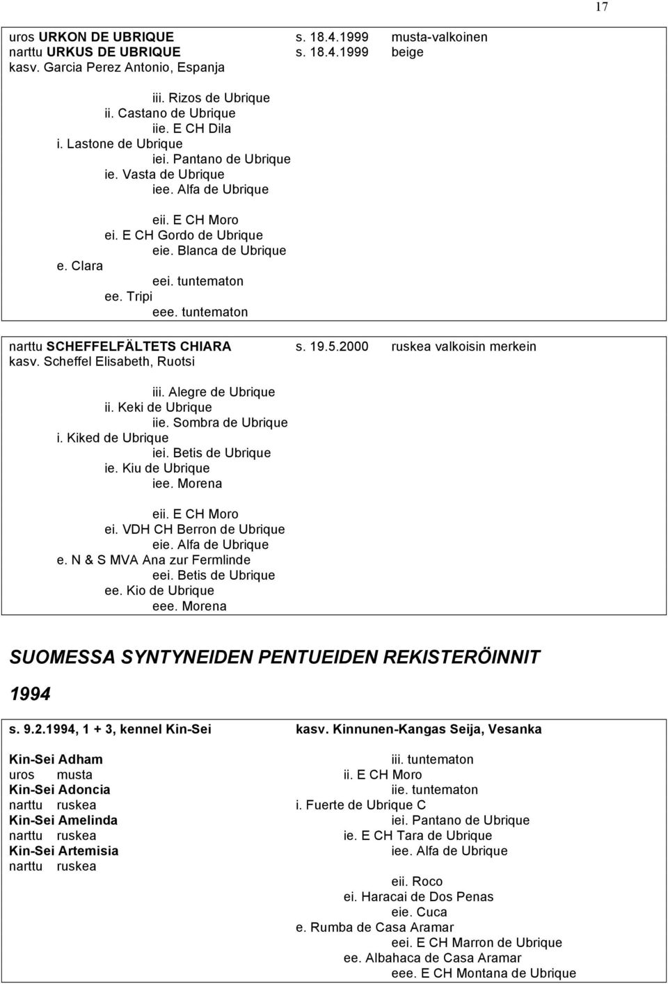 tuntematon narttu SCHEFFELFÄLTETS CHIARA s. 19.5.2000 ruskea valkoisin merkein kasv. Scheffel Elisabeth, Ruotsi iii. Alegre de Ubrique ii. Keki de Ubrique iie. Sombra de Ubrique i.