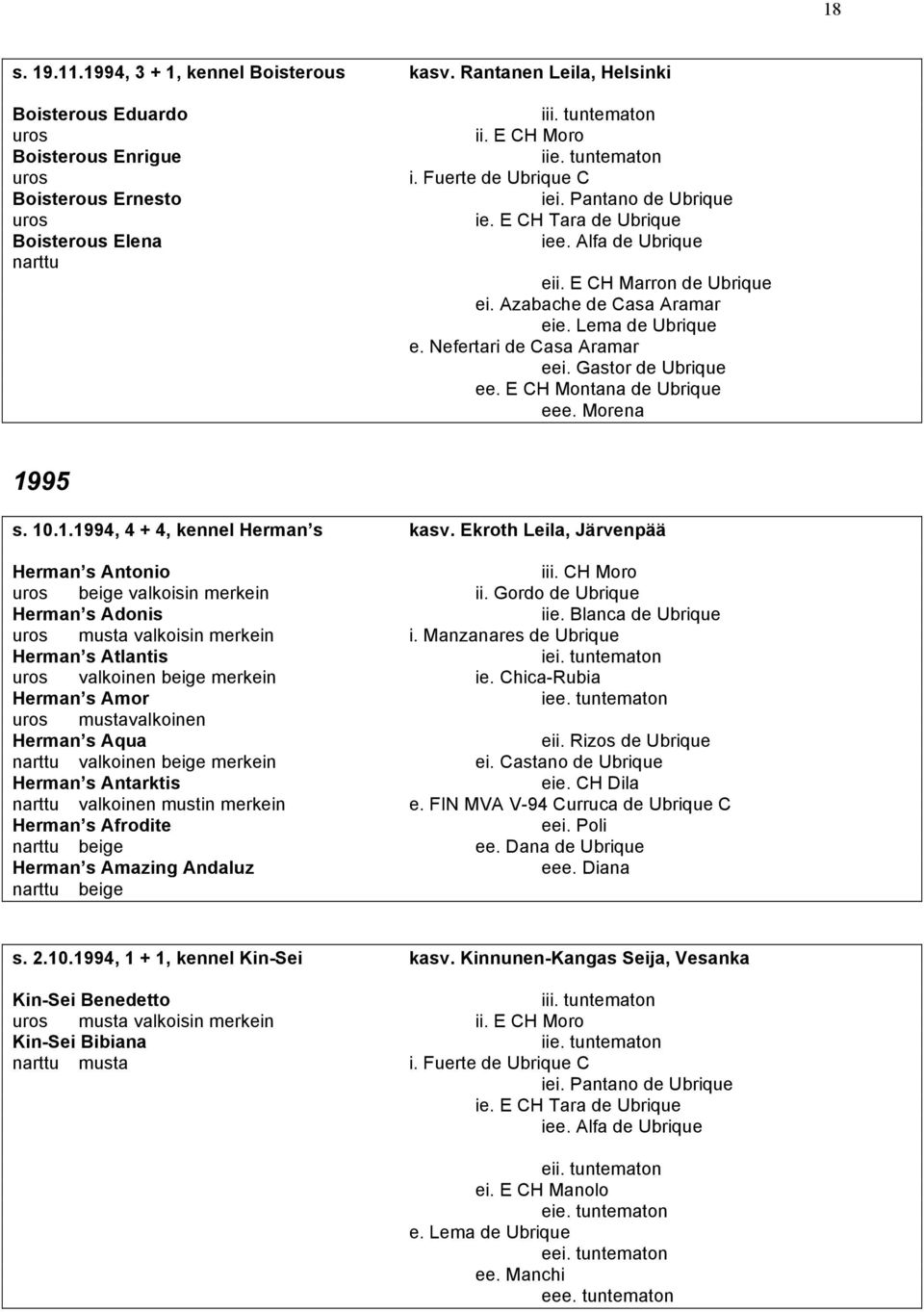 Gastor de Ubrique ee. E CH Montana de Ubrique eee. Morena 1995 s. 10.1.1994, 4 + 4, kennel Herman s kasv. Ekroth Leila, Järvenpää Herman s Antonio iii. CH Moro uros beige valkoisin merkein ii.