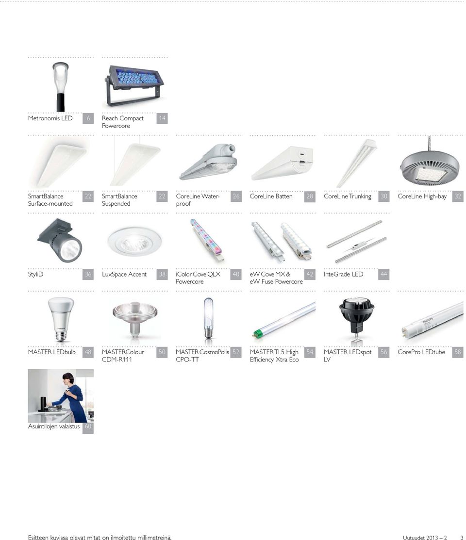 MASTER LEDbulb 48 MASTERColour CDM-R111 50 MASTER CosmoPolis 52 MASTER TL5 High 54 MASTER LEDspot 56 CorePro LEDtube 58 CPO-TT Effi ciency Xtra Eco LV Bathroom Home Offi ce Outdoor Perfect ambiance