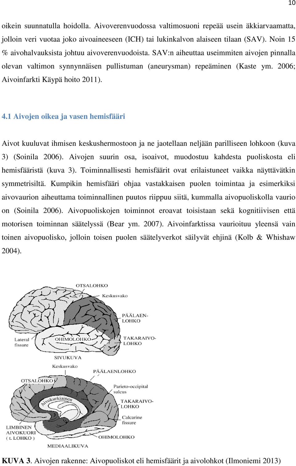 2006; Aivoinfarkti Käypä hoito 2011). 4.1 Aivojen oikea ja vasen hemisfääri Aivot kuuluvat ihmisen keskushermostoon ja ne jaotellaan neljään parilliseen lohkoon (kuva 3) (Soinila 2006).