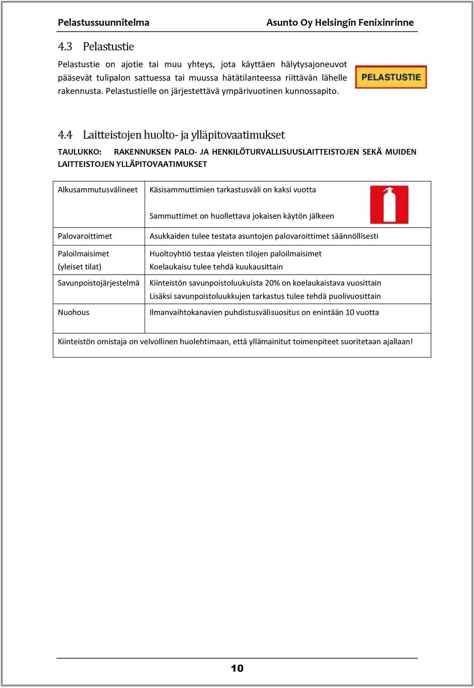 4 Läitteistojen huolto- jä yllä pitoväätimukset TAULUKKO: RAKENNUKSEN PALO- JA HENKILÖTURVALLISUUSLAITTEISTOJEN SEKÄ MUIDEN LAITTEISTOJEN YLLÄPITOVAATIMUKSET Alkusammutusvälineet Käsisammuttimien