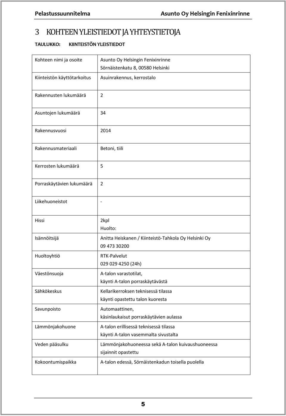 Sähkökeskus Savunpoisto Lämmönjakohuone Veden pääsulku Kokoontumispaikka 2kpl Huolto: Anitta Heiskanen / Kiinteistö-Tahkola Oy Helsinki Oy 09 473 30200 RTK-Palvelut 029 029 4250 (24h) A-talon