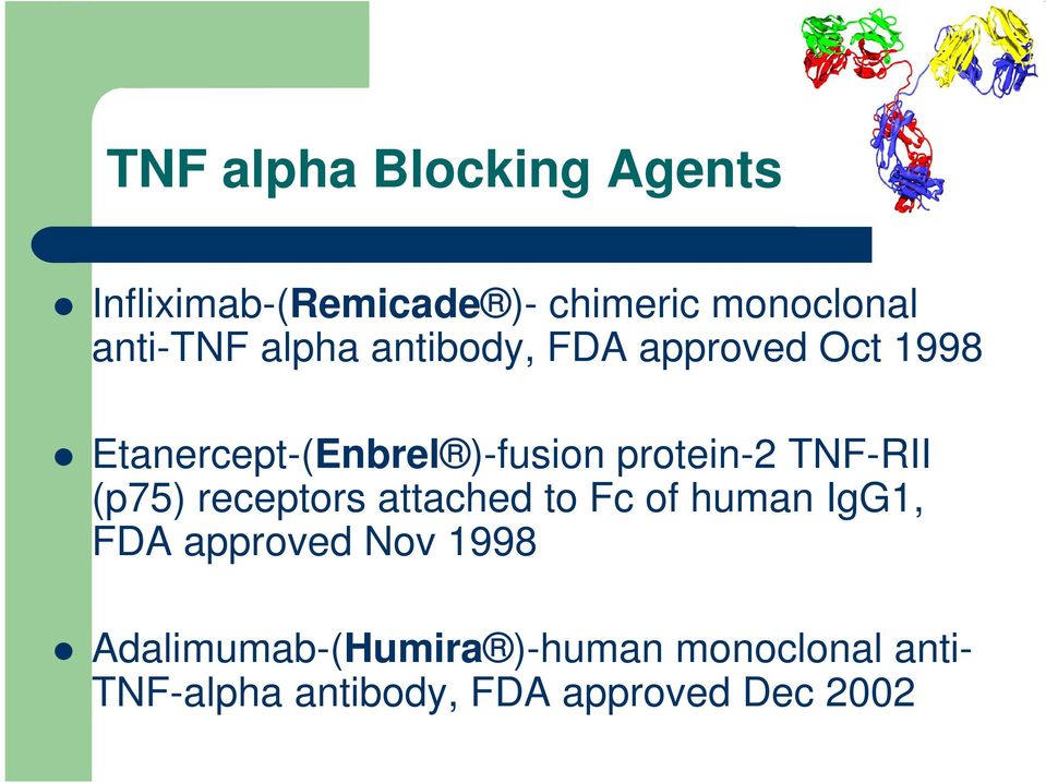 TNF-RII (p75) receptors attached to Fc of human IgG1, FDA approved Nov 1998