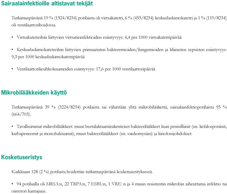 esiintyvyys: 9,3 per 1000 keskuslaskimokatetripäivää Ventilaattorikeuhkokuumeiden esiintyvyys: 17,6 per 1000 ventilaattoripäivää Mikrobilääkkeiden käyttö Tutkimuspäivänä 39 % (34/834) potilaista sai